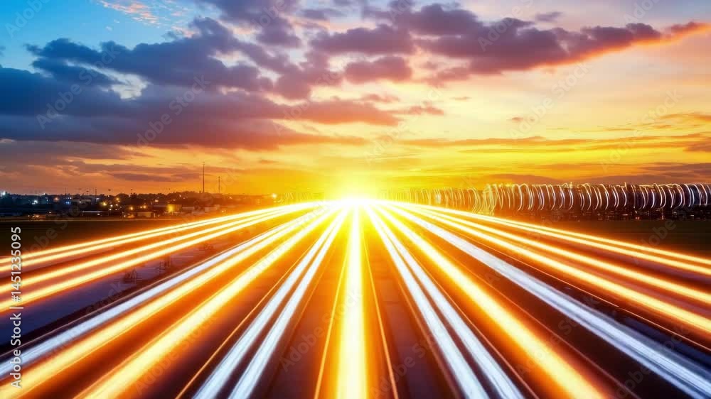 Aufkleber sunset sky with bright light trails on highway road in evening creating dynamic motion effect