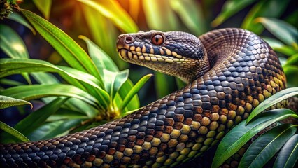 Fototapeta premium Dark scales glisten in the light as a serpent slithers through dense foliage