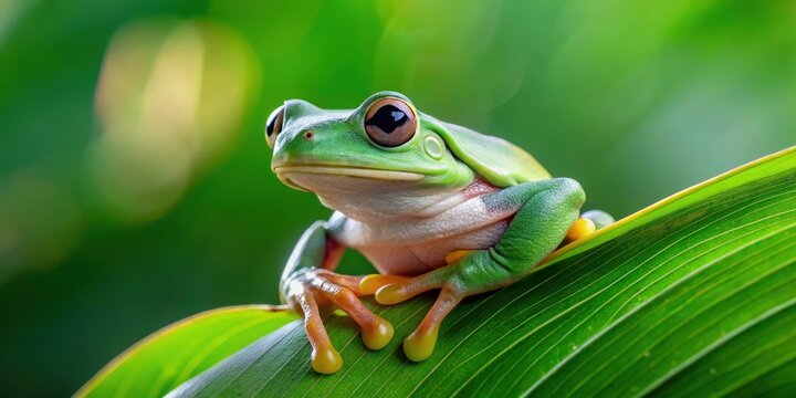 Australian Green Tree Frog perched on a leaf, Australian green tree frog, biodiversity