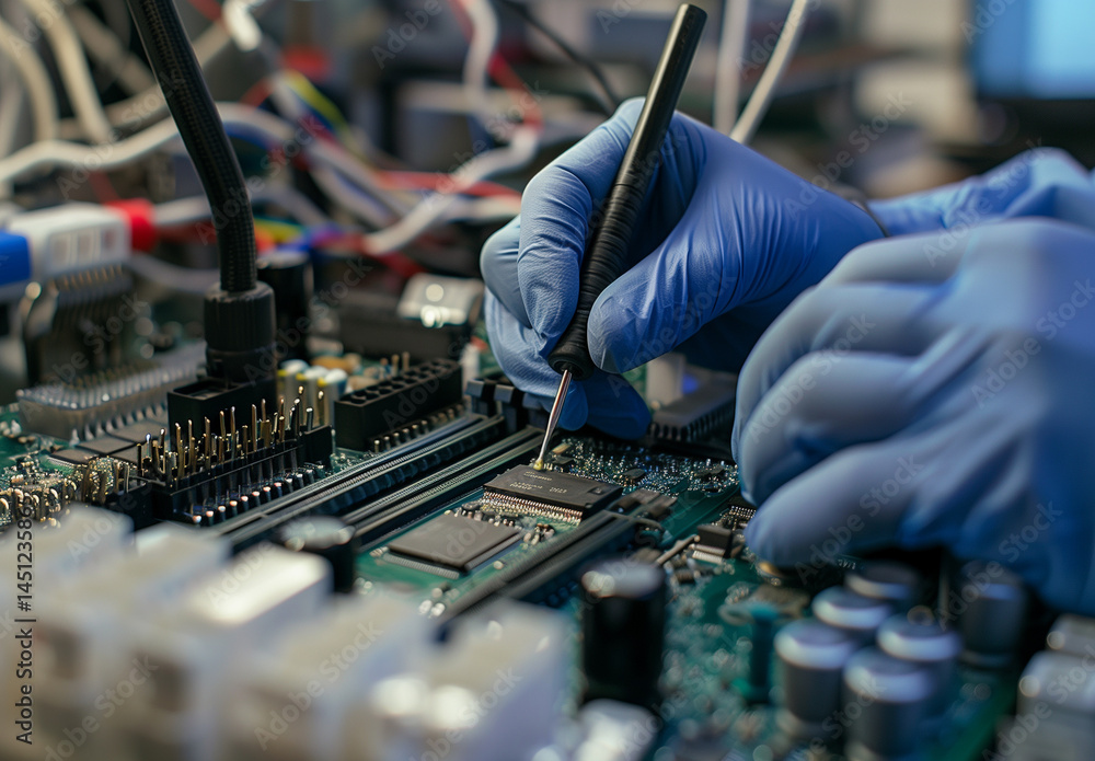 Poster technician in blue gloves is delicately working on the processor of a computer