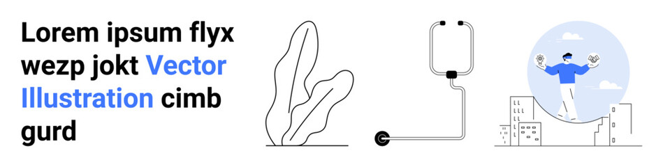 Abstract plant, infusion device, and person floating over buildings with balloons in minimal design. Ideal for healthcare, wellness, creativity, innovation, encouragement, sustainability simple