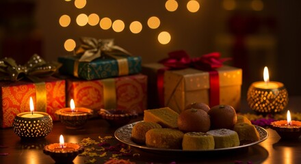 Festival Delights: Diwali Celebration with Gifts, Sweets, and Candles