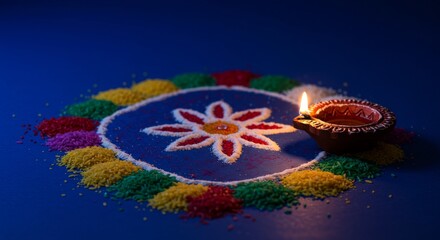 Obraz premium Vibrant diya lamp on rangoli design illuminating a festive celebration