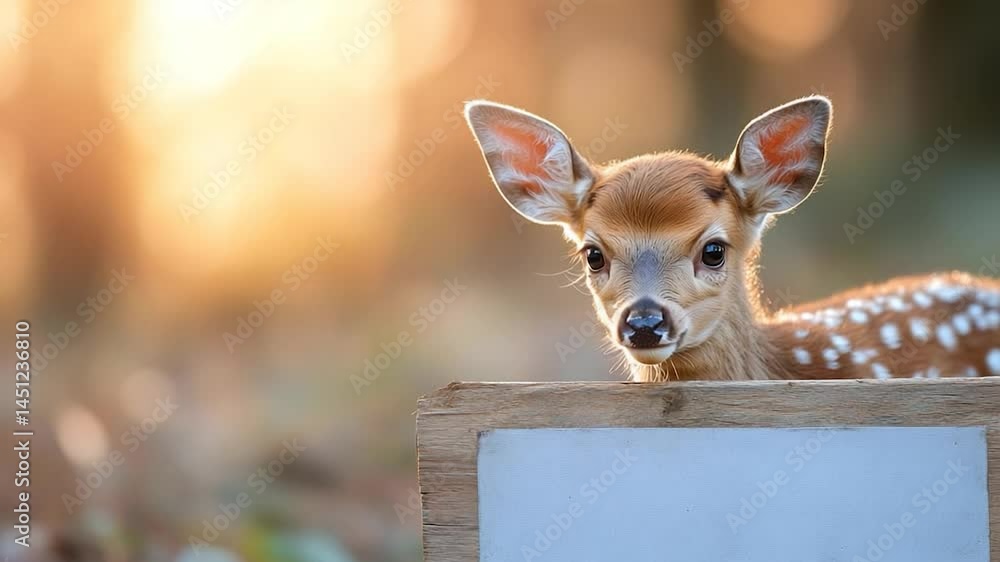 Poster a young animal with white spots is shown looking at the camera from behind a wooden board. the backg