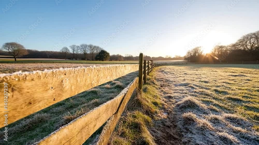 Aufkleber wooden fence in frosty field at dawn with sunlight and trees. focus on the fence and the frosted gra
