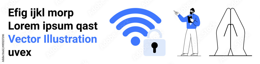 Poster man interacts with a tablet alongside a wireless lock, illustrating privacy. outline hands signify p