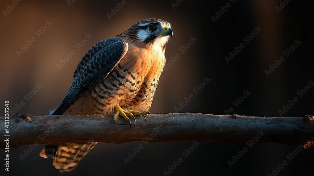 Poster A detailed shot of a falcon sitting on a branch, illuminated by warm light creating a dramatic contrast. The bird has sharp details in feathers. The background is blurred, creating a soft focus