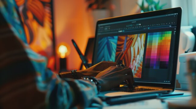 Person using stylus on laptop displaying colorful graphic design in warm lit creative workspace