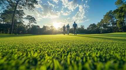 Three Male Golfers Walking Off into the Beautiful Sunlight Setting on Lush Green Golf Course