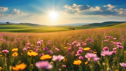 "Vibrant Green Field with Blooming Flowers Beneath a Bright Summer Sky"