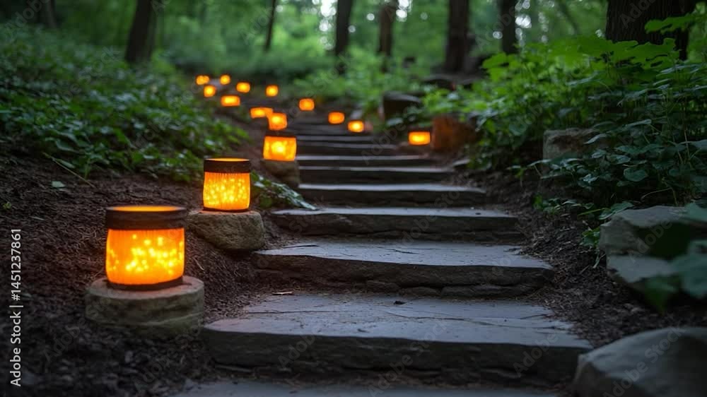 Fototapete stone steps path with orange lights in a green forest environment at twilight giving a peaceful atmo