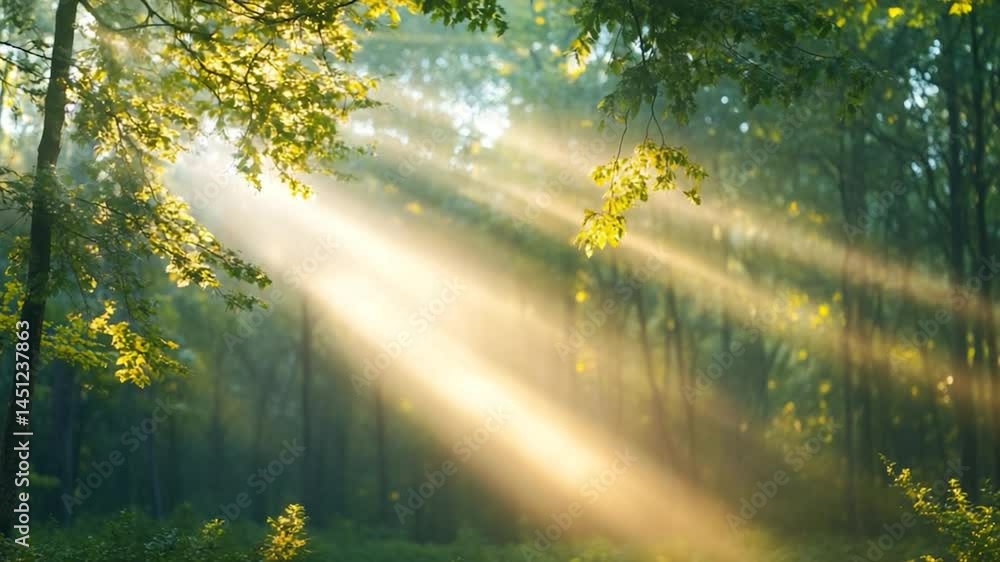Leinwandbilder sunlight streams through lush green forest creating a natural beams of light highlighting the tree f
