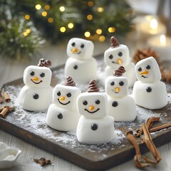 Playful marshmallow snowmen decorated with chocolate and icing, set against a festive background