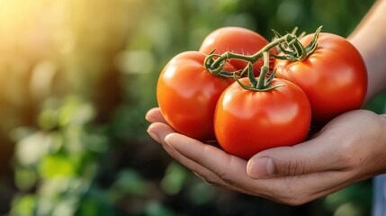 Freshly picked ripe tomatoes held in hands, with a green garden background and natural sunlight.