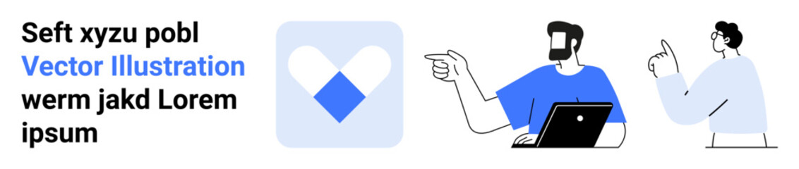 Two people actively discussing ideas alongside a modern abstract icon. Ideal for teamwork, communication, brainstorming, technology, collaboration, creative thinking, and minimal flat landing page