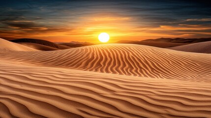 Naklejka premium Golden Desert Sunset Undulating Sand Dunes at Golden Hour