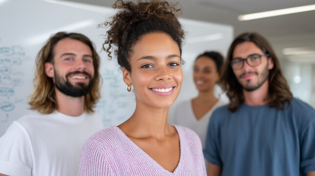 Creative team smiling confidently around a whiteboard   - Powered by Adobe