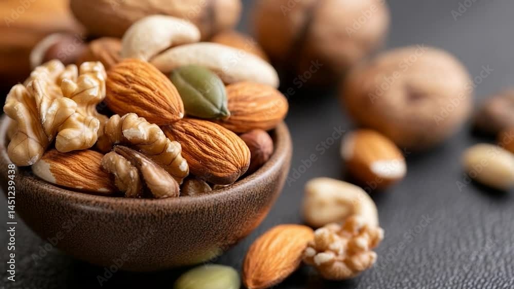 Poster close-up shot of a bowl filled with assorted nuts including generic nuts on a dark surface creating 