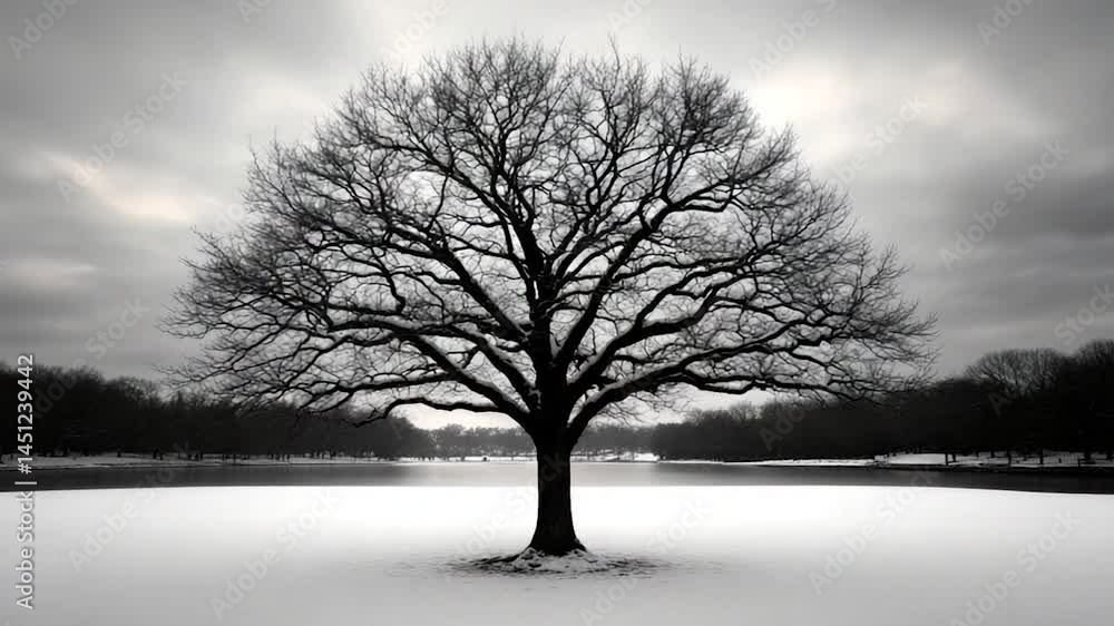 Aufkleber A monochrome landscape features a solitary tree centered in a snow-covered field with a lake background and a moody, overcast sky