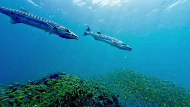 Two Barracudas Swimming Over Reef with Dense Tropical Fish School, Pulau Redang, Malaysia

