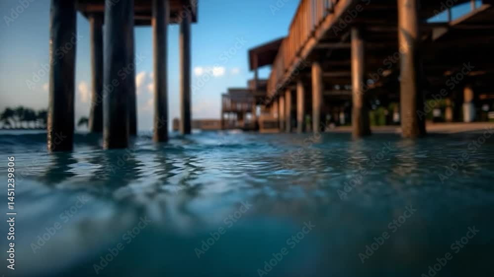 Aufkleber low-angle shot capturing the tranquil surface of the ocean with wooden pier structure in background.