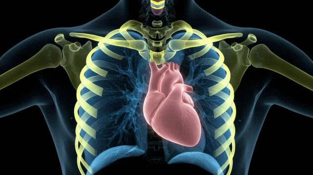 Detailed 3D render of a human heart with visible arteries and rib cage