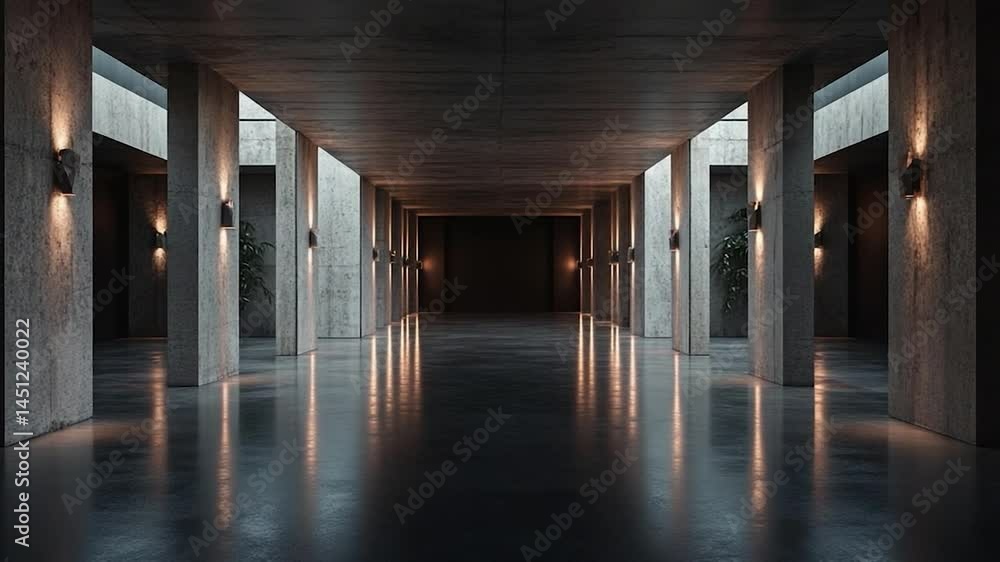 Poster a long concrete hallway with pillars illuminated by warm light fixtures creating reflections on the 