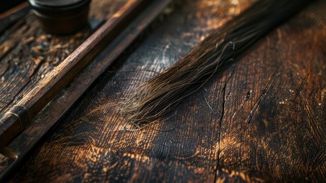 Close up of a violin bow and rosin on a dark textured wooden surface in a dimly lit environment