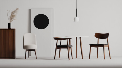 the image shows a minimalist interior setting, featuring furniture and decorative elements against a light background