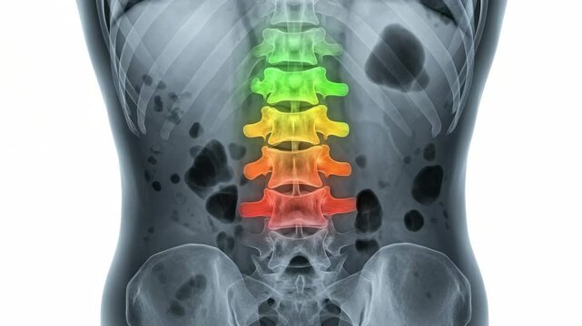 Lumbar spine scan with vertebrae highlighted in green showing region of interest in back pain