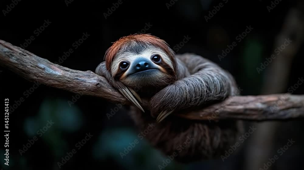 Aufkleber A close-up shot of a sloth resting on a branch with a blurred background creates a serene and natural setting. This image emphasizes the unique appearance of the sloth in a moment of rest