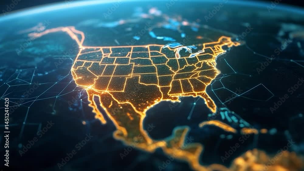 Fototapete Abstract representation of the map in glowing orange and yellow hues on a dark blue background with network lines. It's a digitally created image with a focus on data visualization