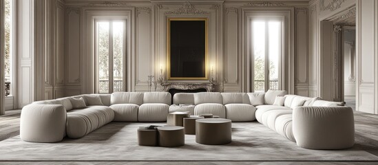elegant interior design featuring a modular sofa and minimalistic coffee tables in a classic parisian apartment with ornate details and abundant natural light creating a luxurious and serene ambiance