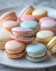 Obraz premium Pastel Macarons on White Plate — Hyper-Detailed Dessert Still Life for Bakery and Lifestyle Branding