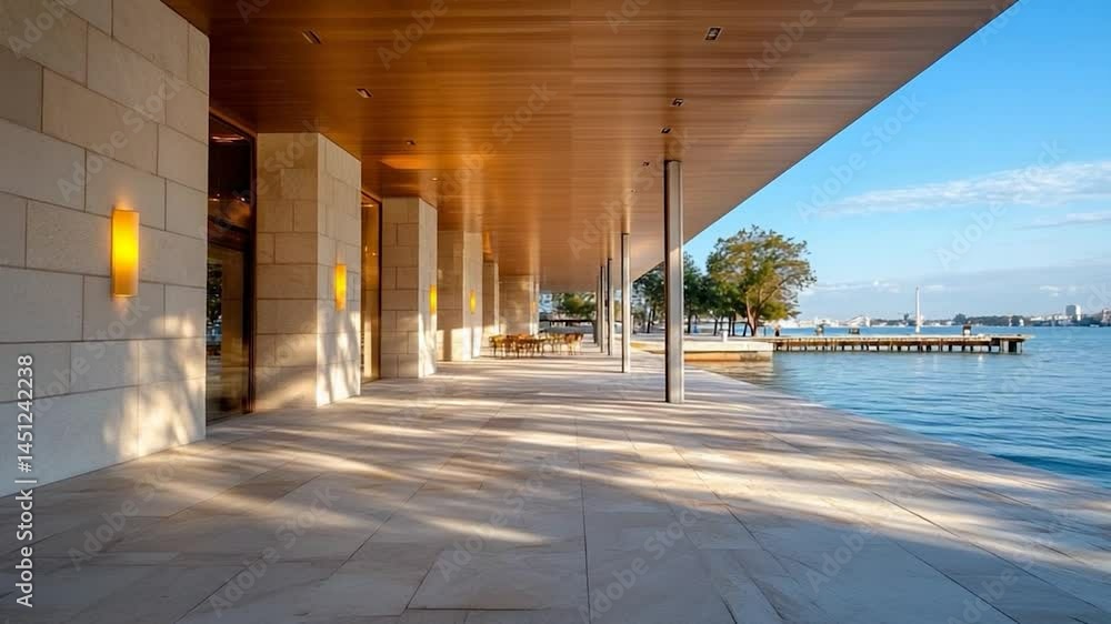Poster Architectural structure with stone walls and wooden ceiling extending over a tiled walkway next to a body of water illuminated by natural light