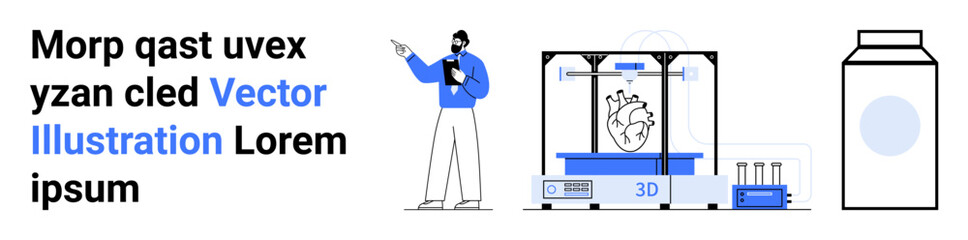 Scientist explaining 3D printer creating a human heart model, along with a milk carton icon. Ideal for technology, innovation, research, science, healthcare, education, simple landing page