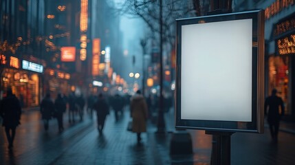 Fototapeta premium Illuminated blank billboard shines on a rainy street surrounded by urban life
