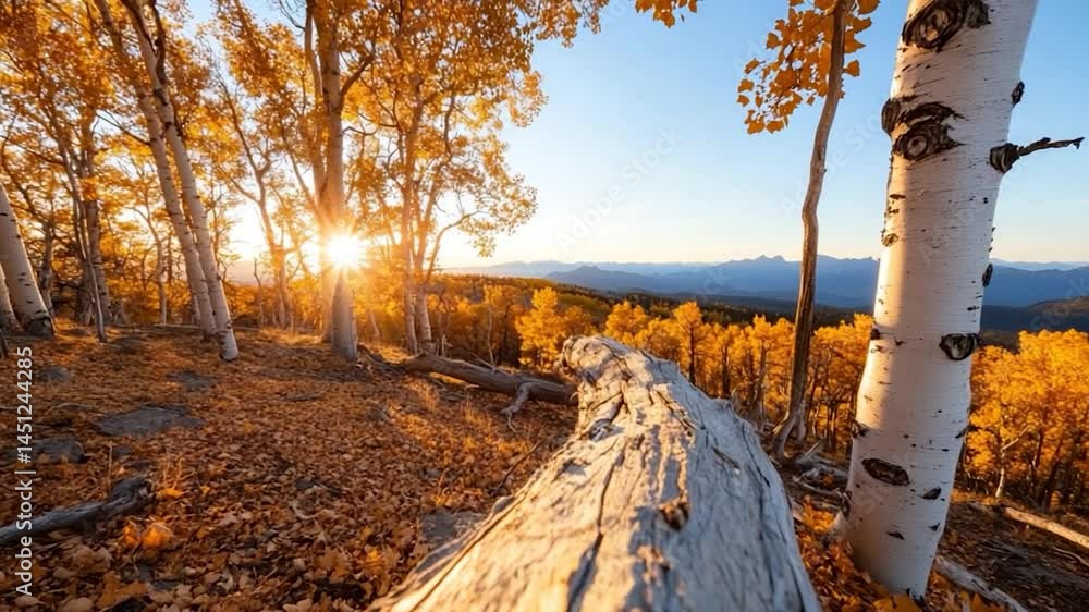 Poster scenic autumn landscape featuring a fallen log and vibrant golden foliage sunlight streams through t