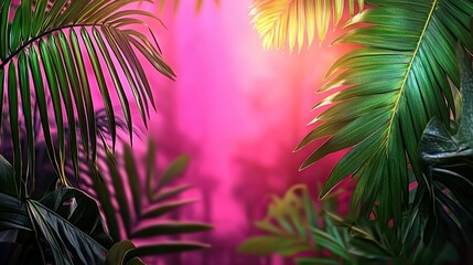 Vibrant Pink and Green Tropical Leaves Illuminated Background