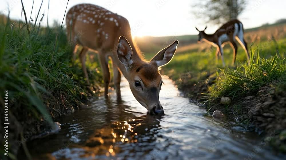 Poster a young animal drinks from a stream with a second animal in the background. warm sunlight illuminate