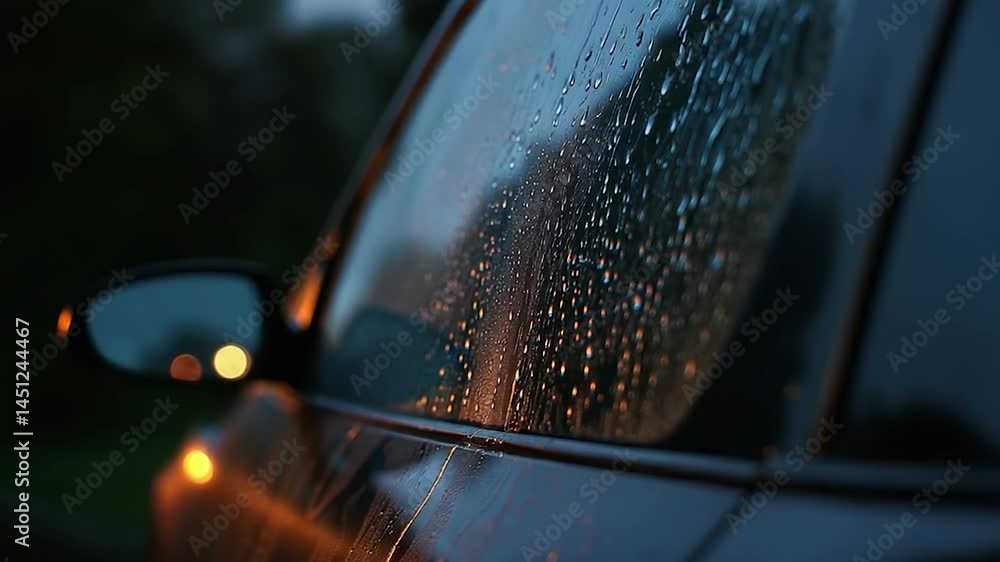 Poster Close-up of a car window in the rain, raindrops creating a textured surface. Blurred background of a street scene with warm lights reflecting on the wet glass, evoking a moody evening