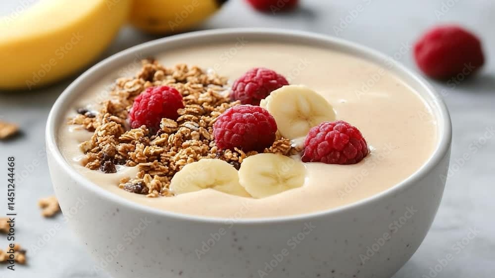 Aufkleber a close-up shot of a breakfast smoothie bowl featuring fresh raspberries banana slices and granola s