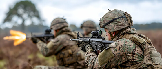 Fototapeta premium Military Personnel Shooting Rifles In Training Exercise