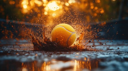 Close-up of a tennis ball bouncing on a clay court, spraying dramatic particles in motion