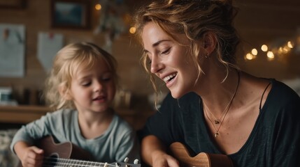 Mother and Daughter Joyfully Playing Ukulele Together