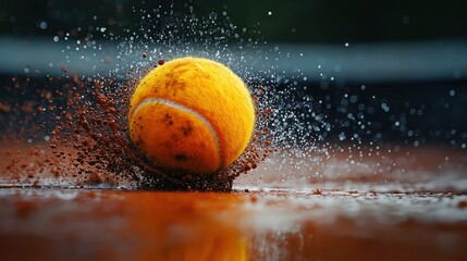 Close-up of a tennis ball bouncing on a clay court, spraying dramatic particles in motion