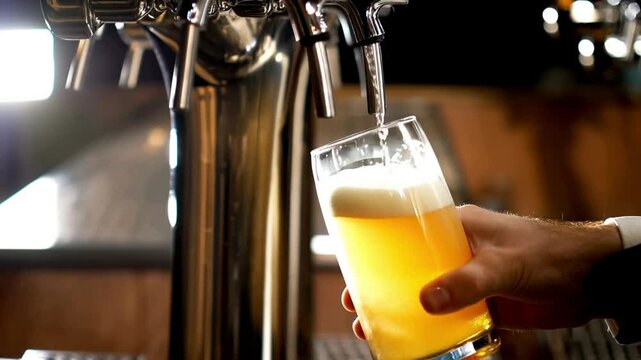 bartender pouring beer into glass with bubbles close up in slow motion