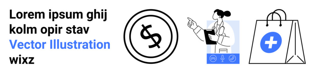 Dollar coin symbolizes finance, doctor with clipboard represents healthcare, bag with medical cross implies shopping. Ideal for healthcare services, e-commerce, financial advice, online shopping