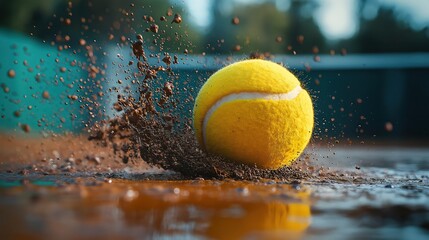 Close-up of a tennis ball bouncing on a clay court, spraying dramatic particles in motion