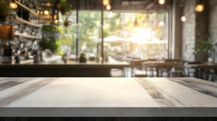 White marbel table in coffee shop blur background with bokeh